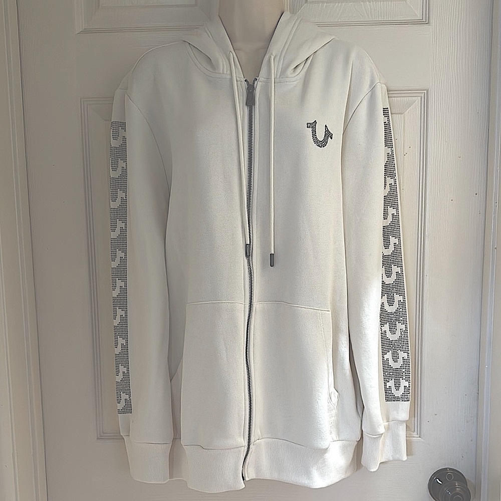True Religion White Crystal Box HS BF Zip-Up Hoodie with Logo Accents
